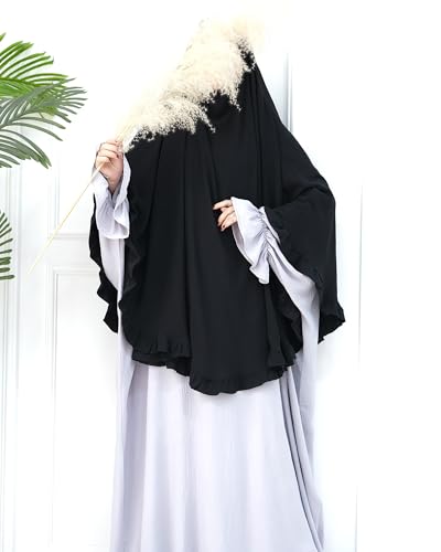 Muslim Prayer Hijab Solid Color Ruffled Head Scarf Women Islamic Head Cover Khimar - color: Black