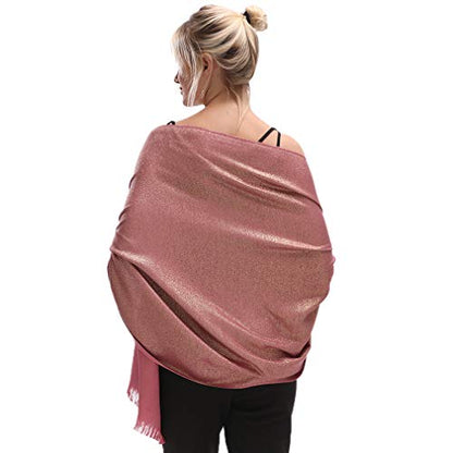 LMVERNA Women's Sparkling Metallic Soft Pashmina Shawls and Wraps Scarf in Solid Colors - color: Rose-gold