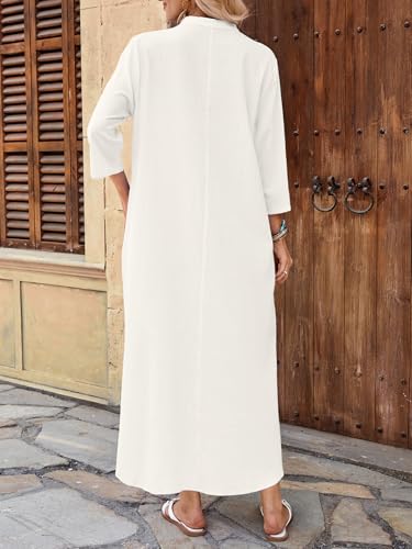 Celmia Autumn Solid Loose Long Maxi Dress Cotton Caftan - color: Pleated White, size: Large