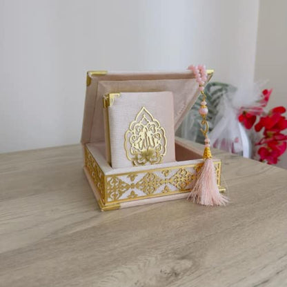 Velvet Covered Quran Tasbeeh Prayer Beads | Islamic Wedding, Graduation Gift Set with Wooden Box | Eid, Ramadan Favor (Pink) - color: Pink