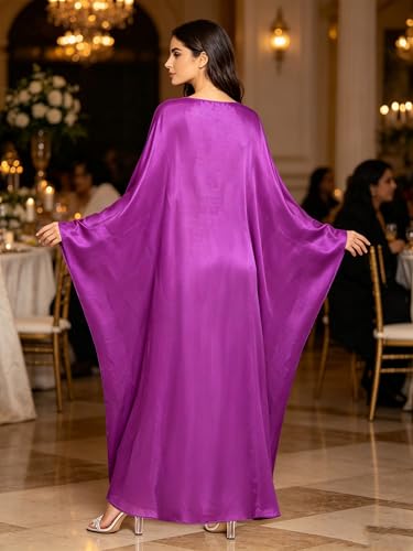Shinsto Women Satin Prayer Dress Kaftan Robe Musulmane Femme Flashy Gown Luxury Party Wear Nightclub Outfit - color: Purple, size: 1