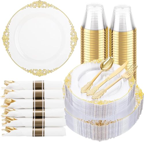 Hioasis 175pcs Clear and Gold Plastic Plates 10.25" - color: Clear and Gold