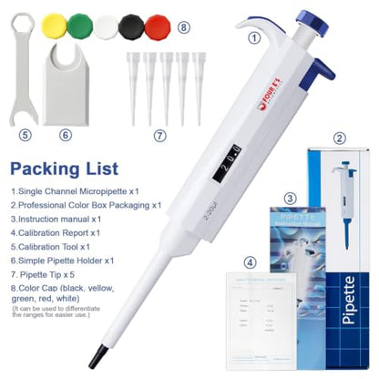 FOUR E'S SCIENTIFIC 2-20μL Pipette, Adjustable Volume Micropipette | Single-Channel Pipettor, Ergonomic Design, Precise Volume Dial - size: 03 (2-20uL)