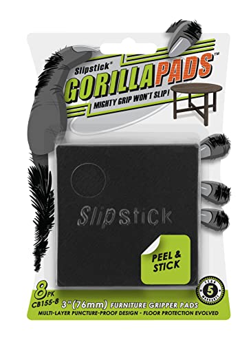 Slipstick GorillaPads Non Slip Furniture Pads/Gripper Feet Floor Protectors (Set of 8) Premium 3 Inch Square Self Adhesive Rubber Stoppers for Furniture Legs, Black, CB155-8 - size: 3" Square x 8
