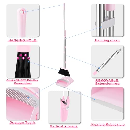 BSKLIN Broom and Dustpan Set for Home, 52” Long Handle Broom with Dustpan Combo Set with Dust Pan Teeth to Clean Hair Sweeping Set for Kitchen Hardwood Floors Pet Hair (Pink) - size: pink