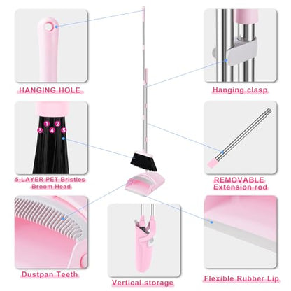 BSKLIN Broom and Dustpan Set for Home, 52” Long Handle Broom with Dustpan Combo Set with Dust Pan Teeth to Clean Hair Sweeping Set for Kitchen Hardwood Floors Pet Hair (Pink) - size: pink