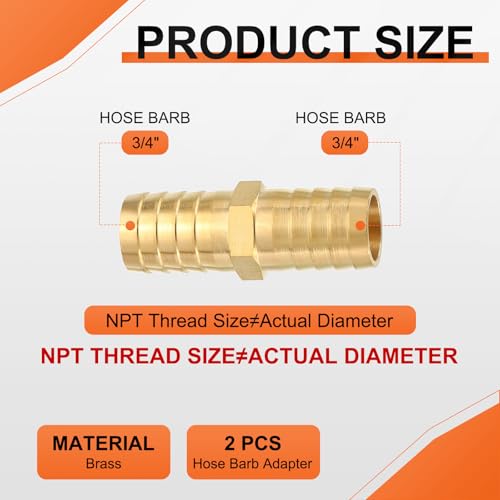 2 Pack Brass Hose Barb Adapter, 3/4" Barb To 3/4" for Industrial, Automotive, Fluid Transfer, Home Gardening, and Water Treatment - size: 3/4" Barb To 3/4"