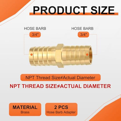 2 Pack Brass Hose Barb Adapter, 3/4" Barb To 3/4" for Industrial, Automotive, Fluid Transfer, Home Gardening, and Water Treatment - size: 3/4" Barb To 3/4"