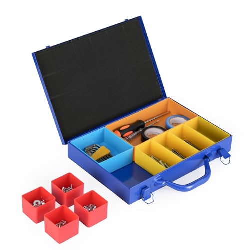Metal Organizer Box with 10 Removable Compartments, Blue | Heavy-Duty Steel, Portable Toolbox with Carry Handle, Tools and Hardware Storage, Modular Cups for Flexible Layout and Use - color: Blue, size: 13" x 9" x 2" | 10 Cups