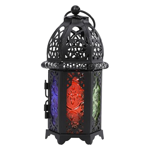 6.7'' Moroccan Lanterns Decorative Indoor & Outdoor Vintage Candle Holder Hanging Tabletop Metal Ramadan Lanterns with Six Color Glasses for Home Patio Porch Decor (Black) - color: Black