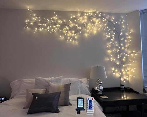 2PCS Enchanted Willow Vine Lights with Remote, Christmas Swags Decorations Indoor Room Decor, 18 Branches 144 LEDs 7.5FT Lighted Willow Vine Lights for Walls Bedroom Home Decor, White - color: White-2PCS