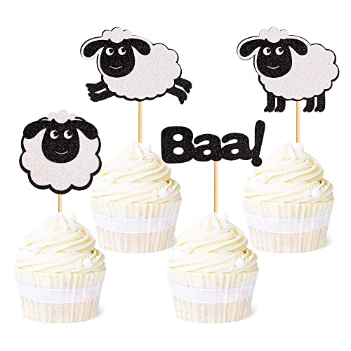 Ercadio 24Pcs Lamb Cupcake Toppers Sheep Cupcake Picks Farm Animal Baa Picks for Sheep Theme Baby Shower Boys Girls Lamb Birthday Cupcake Decorations Eid Al Adha Is Coming Food Islam Party Supplies - color: A-sheep
