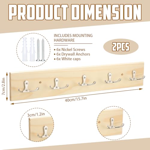 2 Pcs Classroom Wall Mount Coat Rack 16 Inch Wooden Backpack Hanger Rail with 5 Double Coat Hooks Back to School Organizer for Dorm Apartment Hanging Backpack Hats Clothes School (Wood Color)