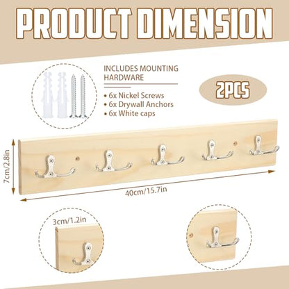 2 Pcs Classroom Wall Mount Coat Rack 16 Inch Wooden Backpack Hanger Rail with 5 Double Coat Hooks Back to School Organizer for Dorm Apartment Hanging Backpack Hats Clothes School (Wood Color)