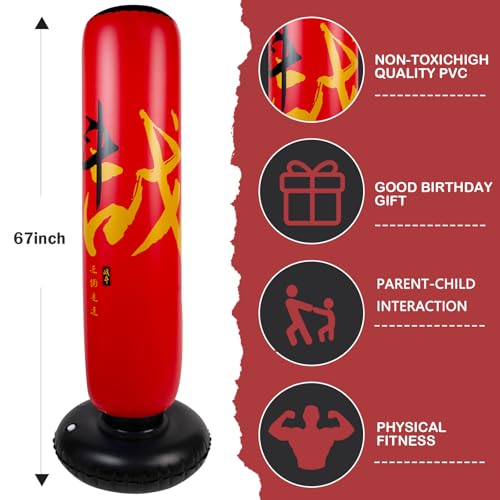 Onirii 66 Inch Kids Inflatable Punching Bag | Large Stable Kids Inflatable Boxing Bag Toy Set with Gloves for Boys & Girls Age 3-12 for Taekwondo,MMA and Practicing Karate - color: HZ Zhan