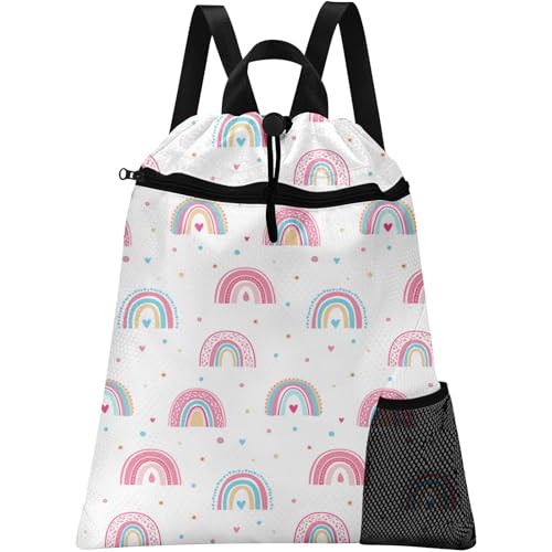 Rainbow Drawstring Backpack, 15” x 17” Waterproof Swim Bag for Beach Swimming Pool, Lightweight Foldable Gym Bag with Water Bottle Holder for Sports Travel - color: Rainbow