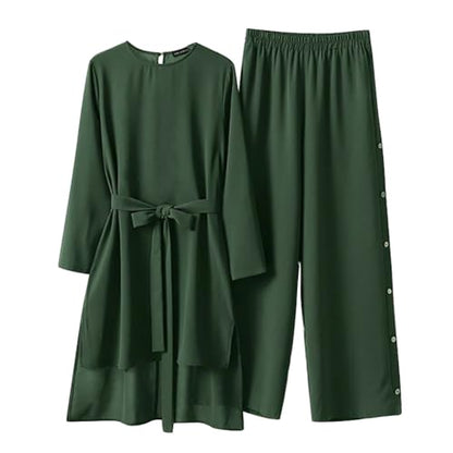 2 Piece Abaya for Women Muslim Long Sleeve Loose Top Pants Set Casual Eid Ramadan Outfits Dubai Islamic Muslim Clothes - color: Dark Green, size: Large