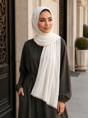Cotton Linen Plain Hijab Scarf For Women,Muslim Viscose Crinkle Edge With Fringe,Summer Beach Wrap Headwraps Shawl - color: 29#white