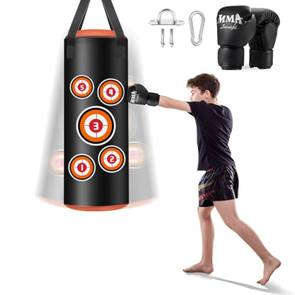 Hanging Punching Bag for Kids, 2FT PU Leather Kicking Bag with Boxing Bag Gloves, Heavy Bag Boxing Equipment for Training Karate Muay Thai Kick Taekwondo(Unfilled)