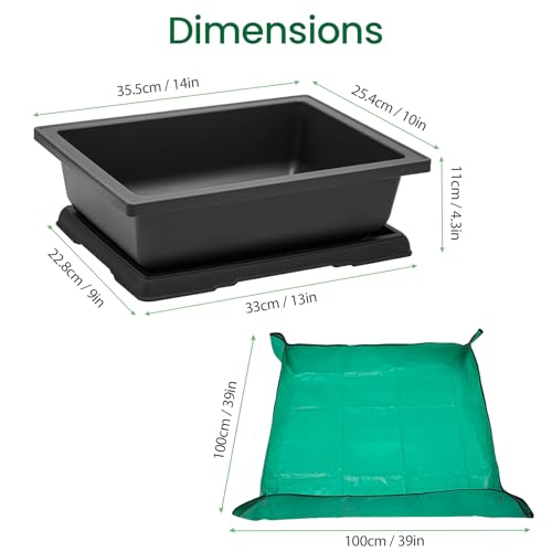 GROWNEER Large Bonsai Training Pots 3 Packs 14 Inch with Drainage Humidity Trays & Repotting Mat, Bonsai Tree Pot Starter Kits, Growing Rectangle Planter for Garden Yard Office Indoor Outdoor - size: 3pcs/14x10.3in