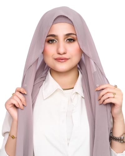 Instant Chiffon Hijab 3-in-1 with Built-in Magnets and Attached Match Undercap, Women Hijabs Set. - color: Grey