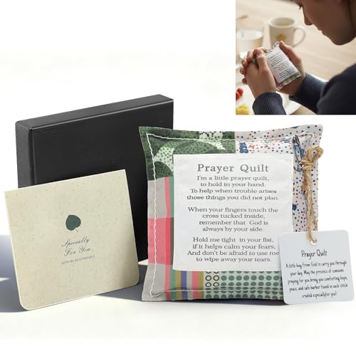 SURDOCA Prayer Quilt with Cross Inside & Greeting Card, Handmade Pocket Prayer Quilt in Gift Box, Christian Get Well & Encouragement Gift for Women & Men