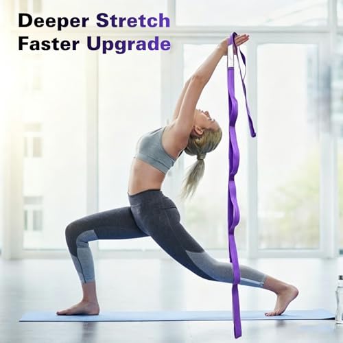 Stretching Strap with 10 Loops Non-Elastic Yoga Strap for Physical Therapy Pilates Dance Gymnastics Stretch Band for Daily Flexibility Routine at Home Gym Travel Includes Exercise Guide - color: Purple