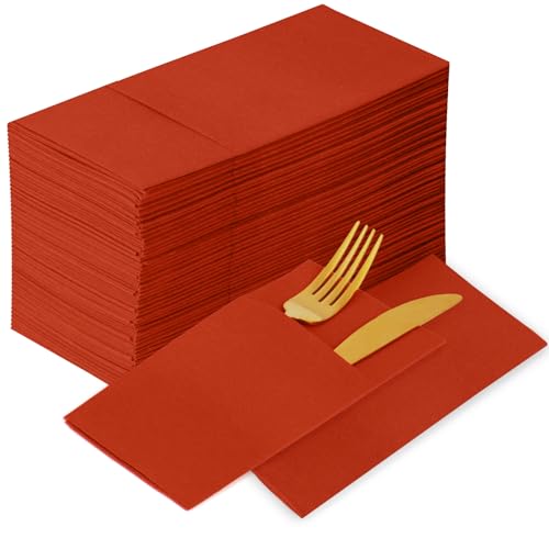 KAMMAK Dinner Napkins Disposbale Cloth Like Paper Napkins with Pocket 100 Pack Terracotta and Orange Wedding Reception Guest Hand Towel for Party Decoration, Bathroon, Kitchen (16.5 x 16.5 inch) - color: Terracotta