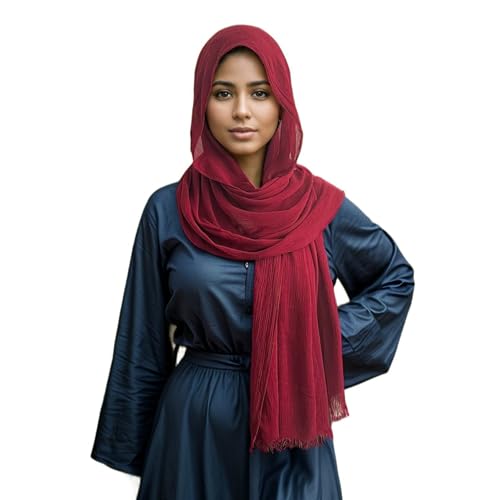 Cotton Linen Plain Hijab Scarf For Women,Muslim Viscose Crinkle Edge With Fringe,Summer Beach Wrap Headwraps Shawl - color: 42#red