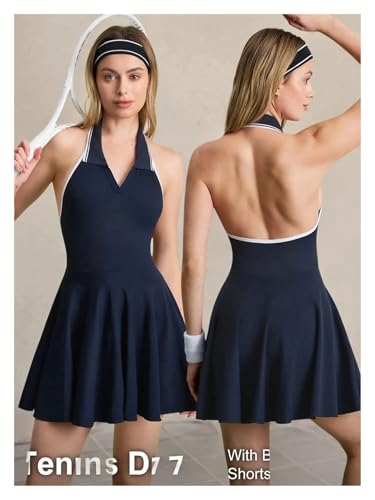 Tennis Dress Hanging Neck Contrast Lapel Sports One Piece Dress Yoga Tank Top Pad Polo Collar Tennis Skirts Gym Suit - size: Large