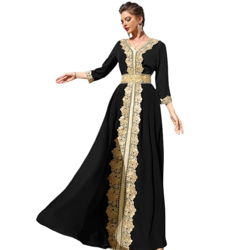 IDOPIP Embroidery Abayas for Women Muslim Moroccan Floral Maxi Kaftan Dress Arabic Islamic Dubai Robe Ramadan Prayer Clothes - color: Black, size: Small