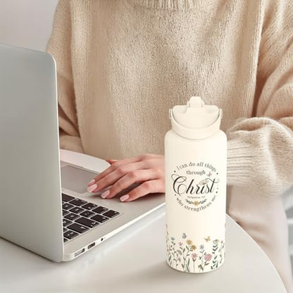 Christian Inspiration Water Bottle 32oz Stainless Steel with Lid & Straw, Inspirarional Insulated Bottles for Women Girls, Religious Inspirational Gift Idea for Birthday Christmas - color: Christian