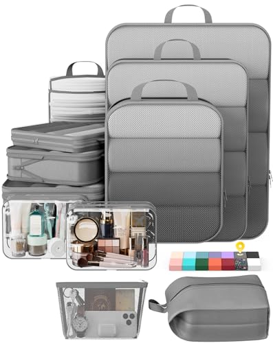 Veken 11 Set Compression Packing Cubes Garment Bags for Travel Essentials,Compressible Expandable Luggage Organizer Bags for Clothing,Space Saver Bags with Over 1000 pcs of Mesh Holes(Gray) - color: Gray, size: 11 set
