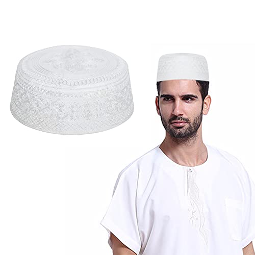 Mens Muslim Hat Islamic Prayer Cap, Muslim Eid Prayer Embroidered Kufi Fat Ramadan Mosque Arab Indian Prayer Cap - color: White
