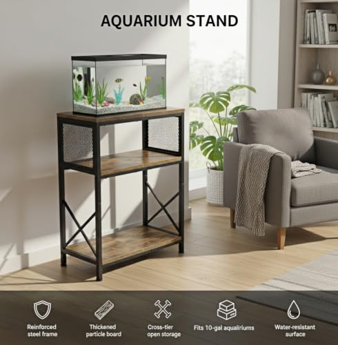 SwaaVee Fish Tank Stand, 10 Gallon Aquarium Stand, 3-Tier Metal Storage Shelf, 20.47"×11.42"×31.69" Heavy Duty Terrarium Stand for Home Office Fish Tank Shelf, Rustic Brown - color: Rustic Brown