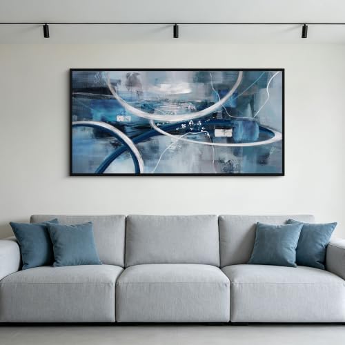 Blue Abstract Wall Art Modern Neutral Fluid Painting with Thin Black Frame - color: Blue and white, size: 20x40 inches