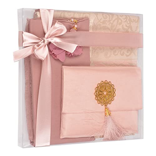 BABY SHOWER CHOCOLATE Prayer Rug Islamic Gift Set, Velvet Prayer Mat, Prayer Beads, Scarf and Yaseen Book, Perfect Family and Muslim Eid Gifts (Pink) - color: Pink