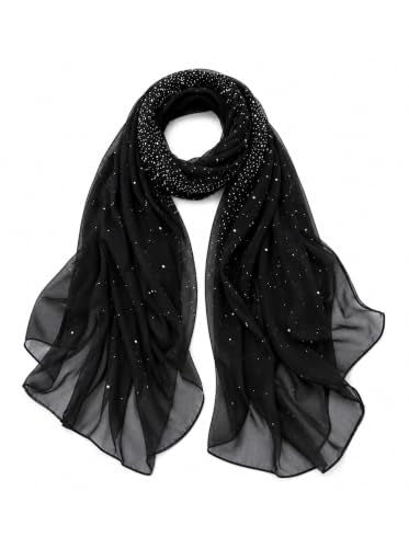 Chiffon Hijab Scarf for Women, Rhinestone Pearl Muslim Head Scarf, Lightweight Shawl Wrap - color: Black