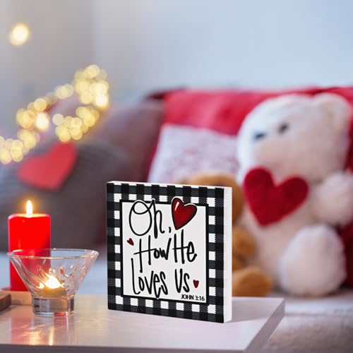 Smile Christian Valentine's Day Wooden Decor, Buffalo Plaid Heart | Oh How He Loves Us, John 3:16 Ornament, Indoor Decoration, Gift Box Included - style: Christian Valentine