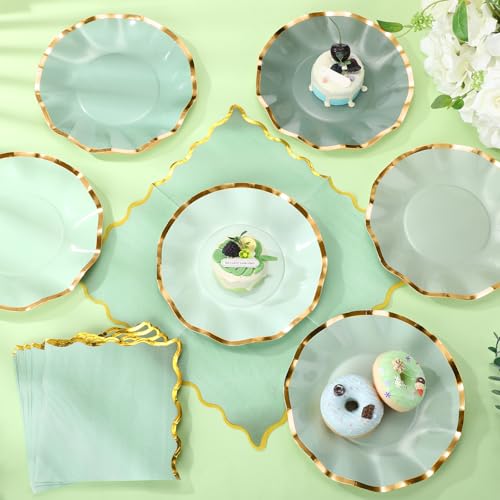 Havawish 48 Pcs Sage Green Scalloped Party Paper Plates and Napkins Cocktail Disposable 8'' Sage Green Dessert Paper Plates with Gold Foil Edge for Baby Shower Dinner Wedding Birthday Party Supplies - color: Sage Green