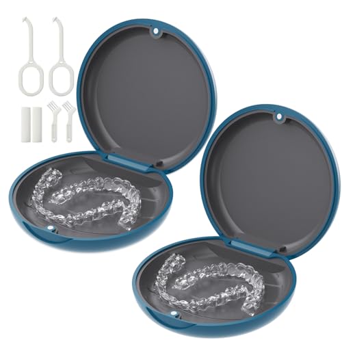 2 Pack Retainer Case, Slim Aligner Case for Invisalign with Tool Kit | 2 Pack Slim Magnetic Retainer Case for Invisalign • Pocket-Size for Travel • Full Kit: Removal Tool, Seater & Brush - color: 2 Pack - Midnight Navy