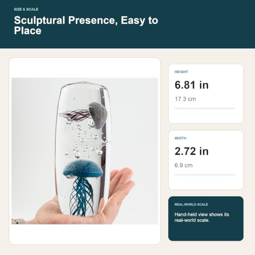 Glow in the Dark Jellyfish Paperweight, 6.8" Tall Glass Cylinder Aquarium with 3 Floating Jellies (Blue, White, Grey), Luminous Ocean Decor Night Light for Home Office