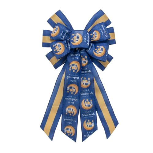 Large Ramadan Bows for Wreath,Eid Mubarak Wreath Bows Blue Gold White Stripes Bow Moon Burlap Gift Bows Tree Topper Bow for Islamic Muslim Front Door Decor Wreath Ornament Supply - color: Style B