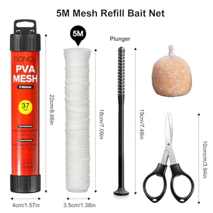 DONQL 5M PVA Mesh Carp Fishing 45" PVA Bags PVA Mesh Bags for Carp Fishing | Fast Water Soluble Mesh Bags, Scissors, Plunger, PVA Bags Carp Fishing Refill Stocking for Boilie Rig Pellets Bags Holder - size: 37mm
