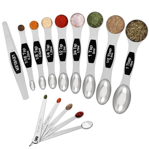 Wildone Stainless Steel Magnetic Measuring Spoons with Strong Magnets, 14pc | Including 8 Double Sided Magnetic Measuring Spoons, Leveler and 5 Mini Spoons for Spice Jar and Liquid Measuring, Black - color: Black
