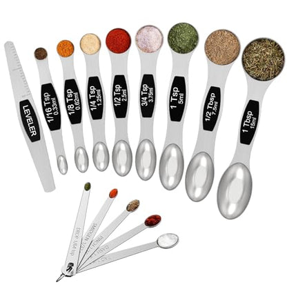 Wildone Stainless Steel Magnetic Measuring Spoons with Strong Magnets, 14pc | Including 8 Double Sided Magnetic Measuring Spoons, Leveler and 5 Mini Spoons for Spice Jar and Liquid Measuring, Black - color: Black