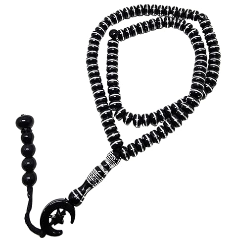 Islam Tasbih 99 비즈 AMN-464 무슬림 기도 디크르 미바하 다채로운 묵주 달 별 장식 태슬 이드 라마단 선물 - color: 블랙.