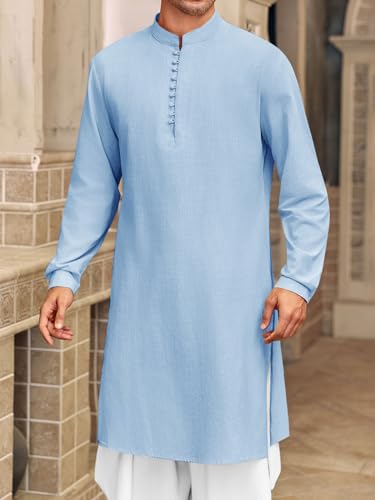 Runcati Mens Kaftan Thobe Button Down Henley Shirts Robe Long Sleeve Casual Cotton Linen Muslim Gown Shirt - color: Blue, size: X-Large