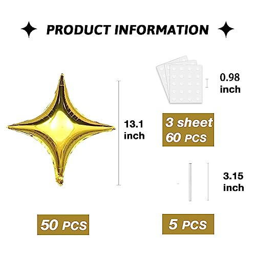 50Pcs 10 Inch Gold Star Foil Balloons Gold Star Shape Mylar Balloon Kit with 60Pcs Balloon Glue Point and 5Pcs Straws for Birthday Baby Shower Engagement Anniversary Wedding Party Decoration - style: Golden Four Point Star Balloons
