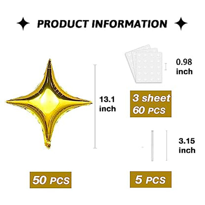 50Pcs 10 Inch Gold Star Foil Balloons Gold Star Shape Mylar Balloon Kit with 60Pcs Balloon Glue Point and 5Pcs Straws for Birthday Baby Shower Engagement Anniversary Wedding Party Decoration - style: Golden Four Point Star Balloons